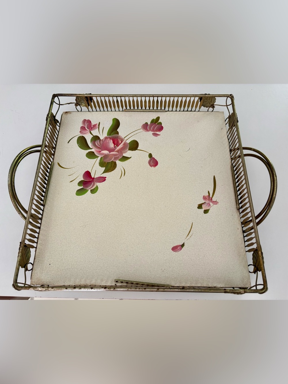 Vintage Fine Arts Studio Hand Painted Metal Floral 12” Square Tray